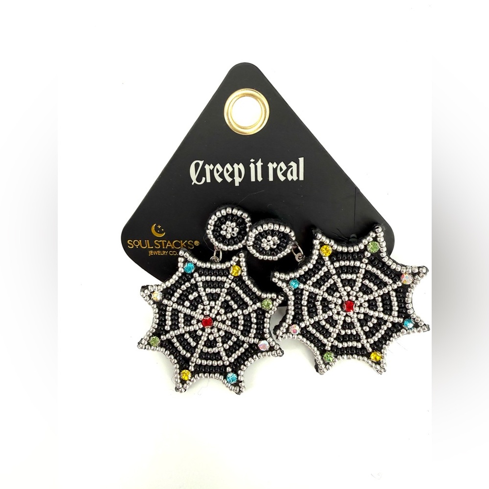 Soul Stacks Creep it Real Black and Silver Spider Web Earrings